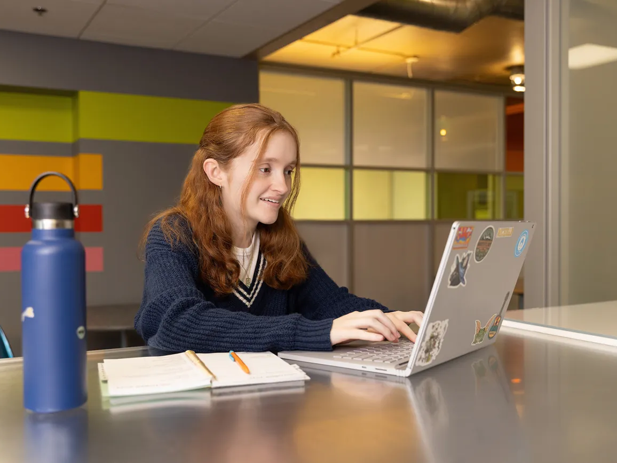 Student working on a laptop at a table.