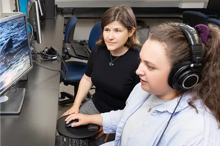 Two people working at a computer.